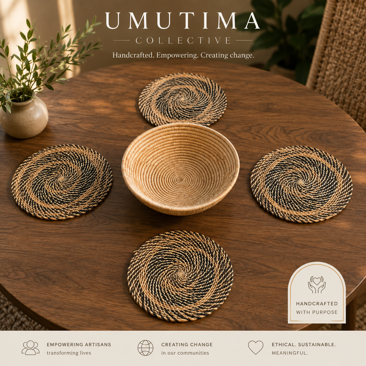 5 Piece Hand Woven Banana Leaf Placemats and Bowl Made in Uganda