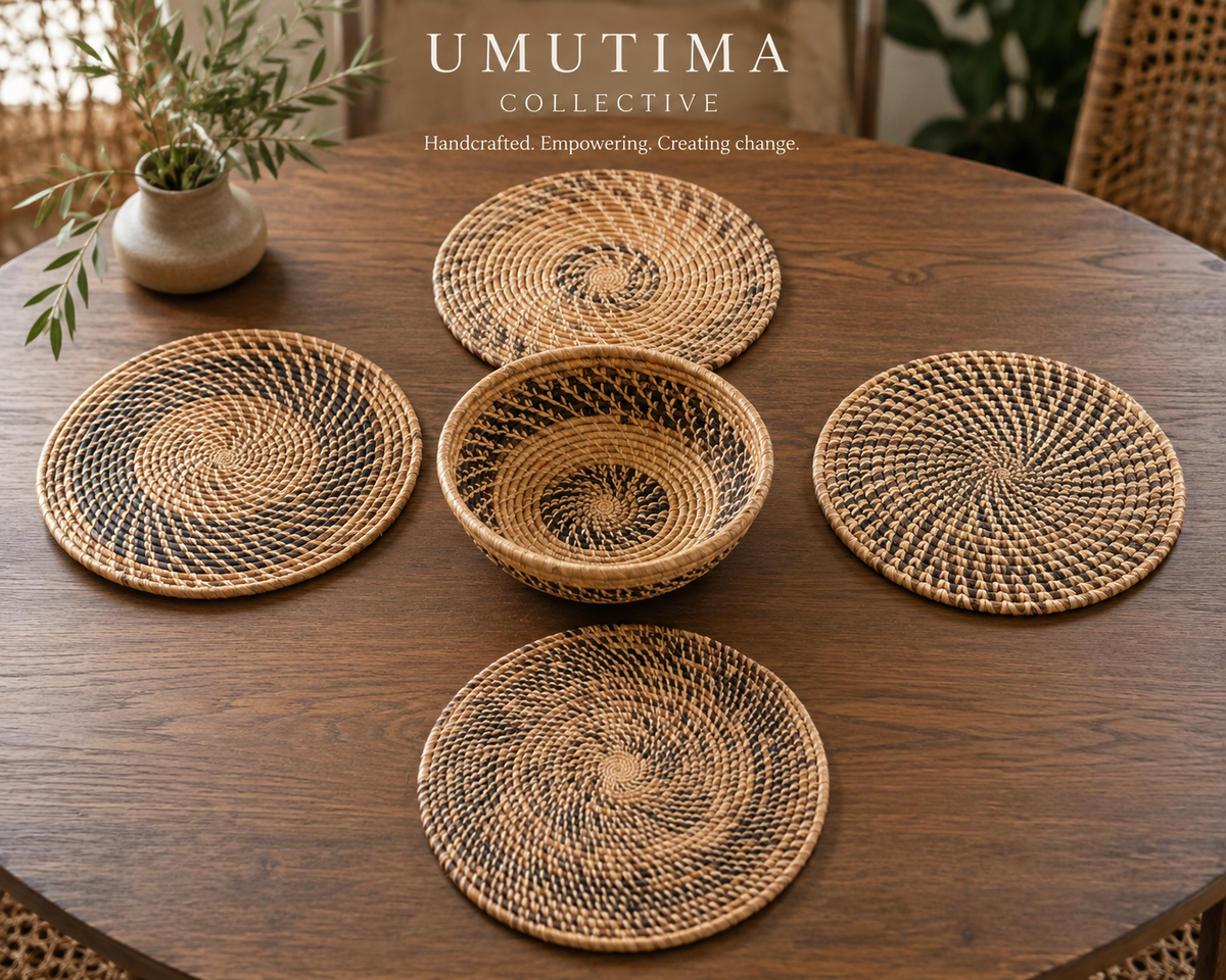 5 Piece Hand Woven Banana Leaf Placemats and Bowl Made in Uganda