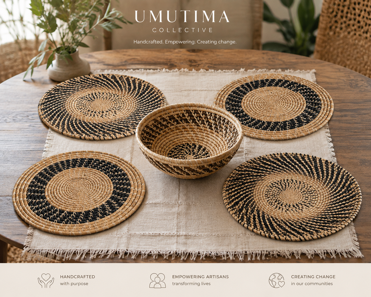 5 Piece Hand Woven Banana Leaf Placemats and Bowl Made In Uganda
