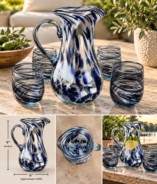 Hand Blown Pitcher and 4 water glasses