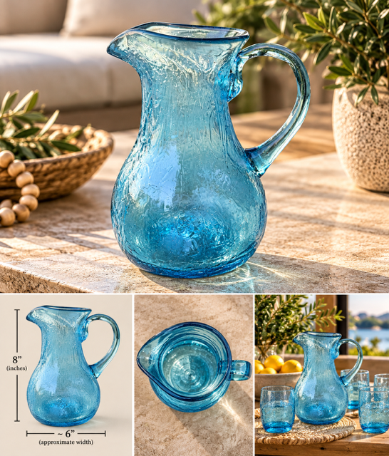 Hand Blown Pitcher and 4 water glasses