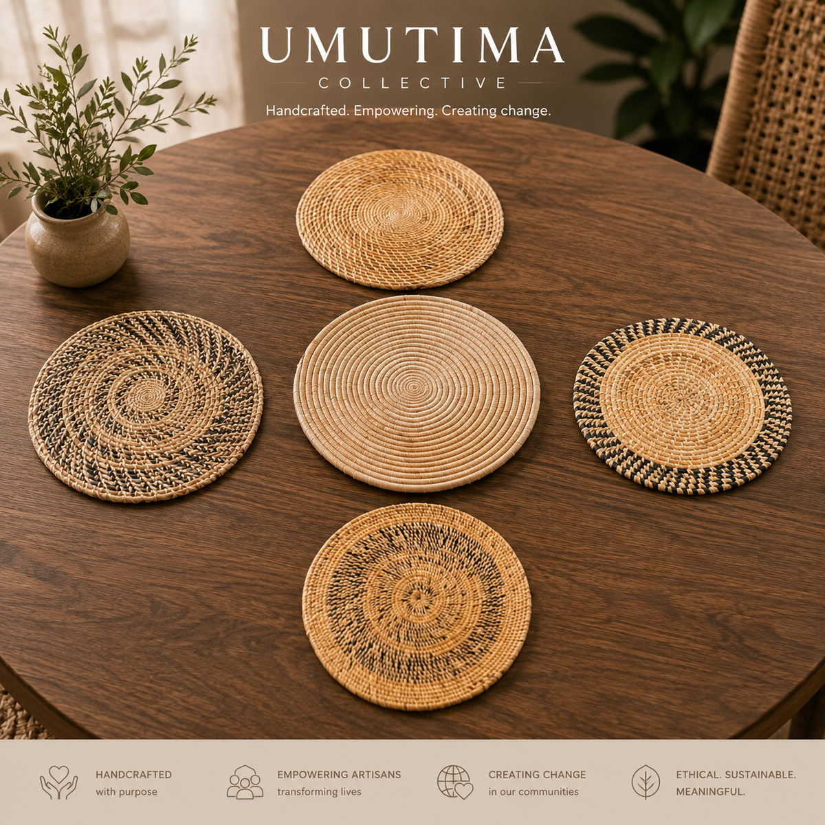 5 Piece Hand Woven Banana Leaf Placemats and Bowl Made in Uganda
