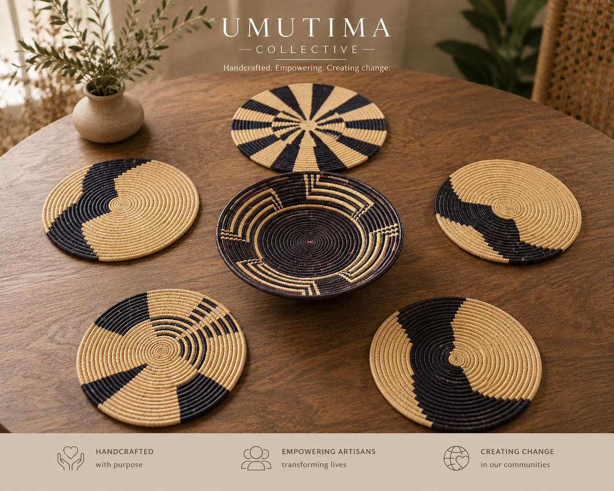 5 Piece Hand Woven Banana Leaf Placemats and Bowl Made in Uganda