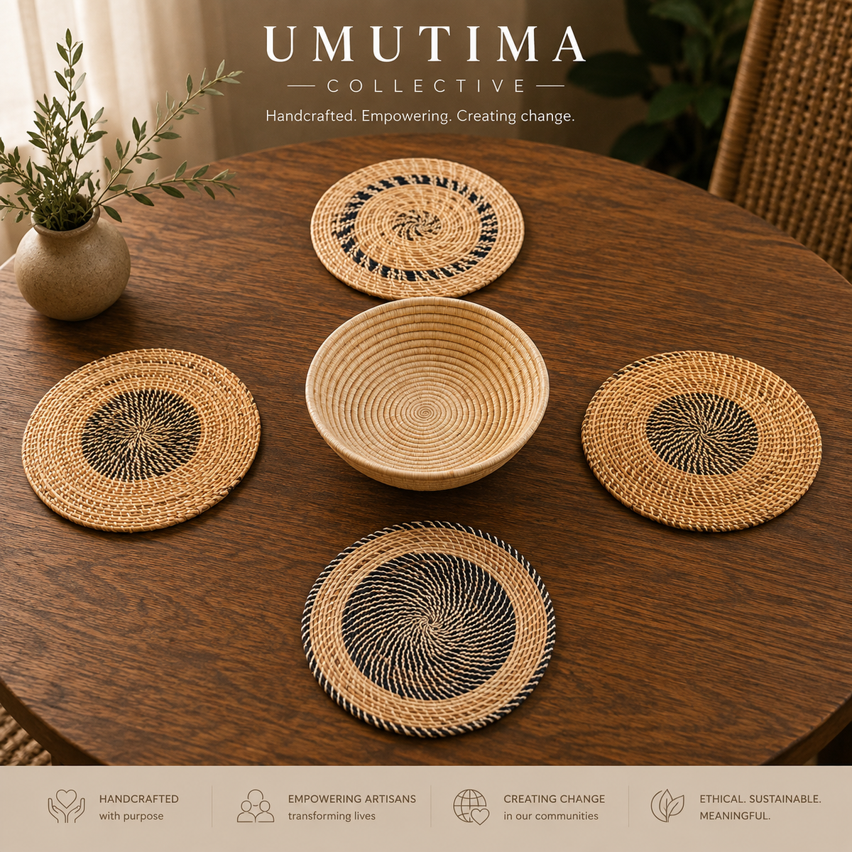 5 Piece Hand Woven Banana Leaf Placemats and Bowl Made in Uganda